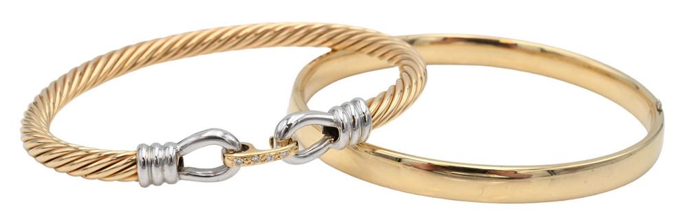 Two 14 Karat Yellow and White Gold Bangle Bracelets, 19.5 grams. (1 of 3)