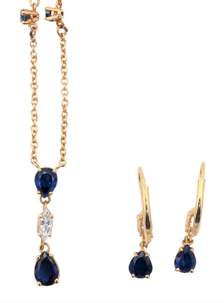 Three Piece Lot, to include 14 karat gold necklace along with pierced earrings, each set with (1 of 4)