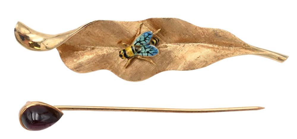 14 Karat Yellow Gold Leaf Pin, mounted with enameled fly, 2 7/8 inches, 9 grams. (1 of 4)
