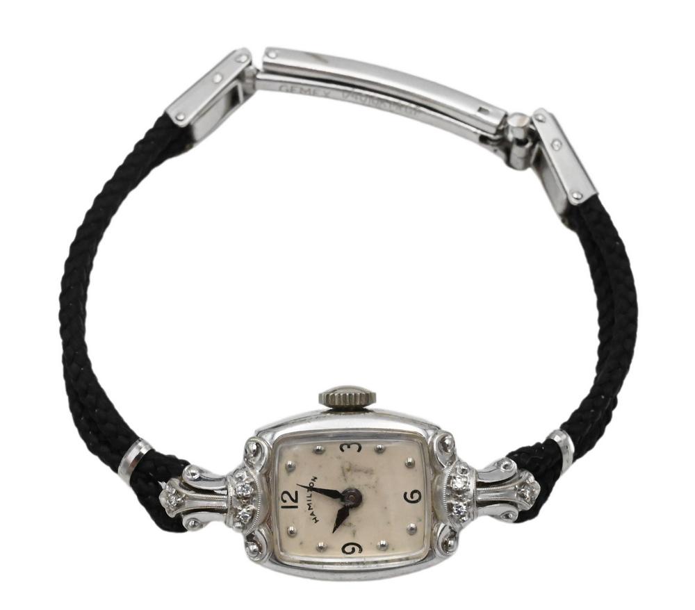 White Gold and Diamond Hamilton Wristwatch, 14K white gold, mechanical wristwatch centering an (1 of 3)
