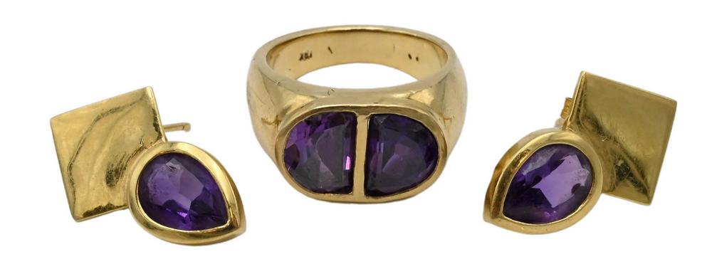 Three Piece 18 Karat Gold Ring and Earring Set, each with amethyst, size 4 1/2, 12.2 grams. (1 of 3)