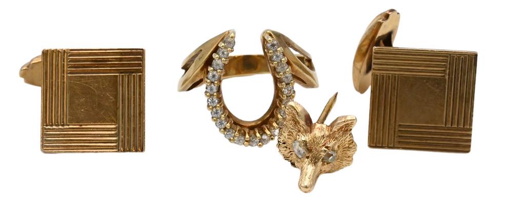 Four Piece Lot, to include a 14 karat gold and diamond horseshoe; 14 karat fox tie tack with diamond (1 of 4)
