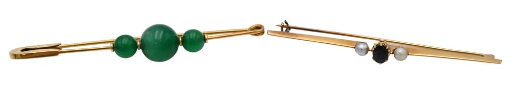 Two 18 Karat Pins, to include one safety pin style having green balls, one bar pin with two pearls (1 of 4)