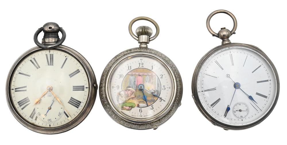 Three Pocket Watches, to include two silver, one having double case, along with one having paper: Three Pocket Watches, to include two silver, one having double case, along with one having paper face and mechanical tailor; 55 mm, 51 mm, 54.4 mm. Provenance: Fifty Year Personal Collection of Clocks
