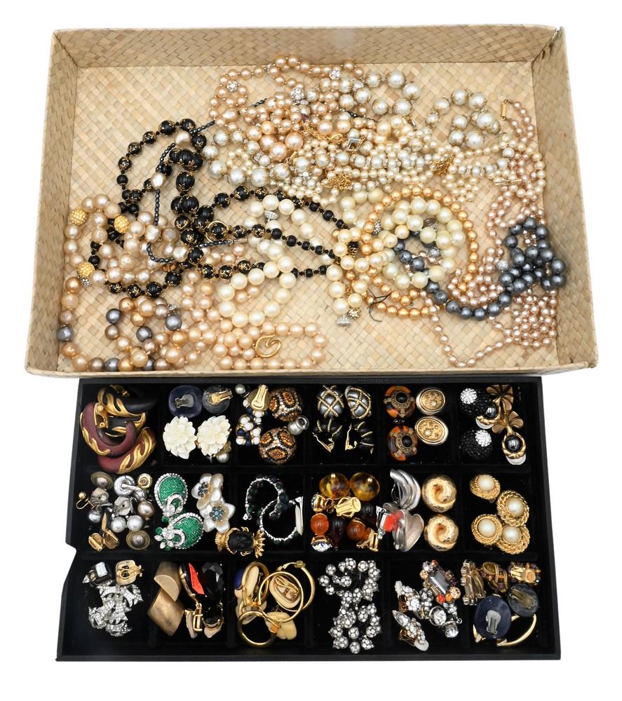 Large Group of Costume Jewelry, to include Christian Dior, Kenneth Lane earrings, necklaces, faux: Large Group of Costume Jewelry, to include Christian Dior, Kenneth Lane earrings, necklaces, faux pearl necklaces, etc.