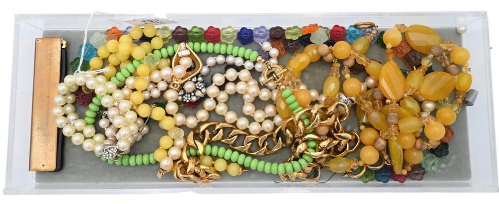 Group of Costume Jewelry, to include Ciner necklace with faux pearls and bracelet; Ciner green: Group of Costume Jewelry, to include Ciner necklace with faux pearls and bracelet; Ciner green hardstone beaded necklace, yellow beaded necklace, two yellow tourmaline stone necklaces, along with Cine