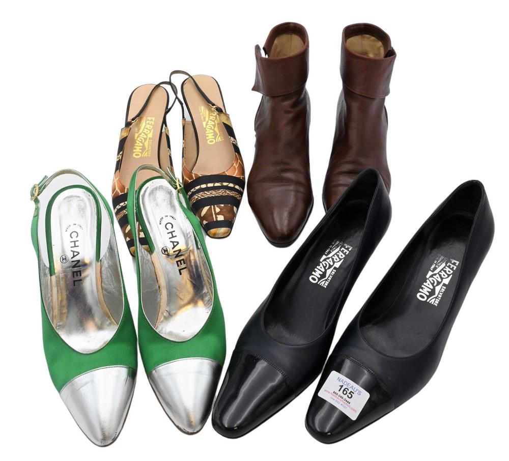Four Pairs of Women's Shoes/Pumps, to include green Chanel, 39 1/2; along with three Salvatore: Four Pairs of Women's Shoes/Pumps, to include green Chanel, 39 1/2; along with three Salvatore Ferragamo, two sized 9 1/2, one sized 9.
