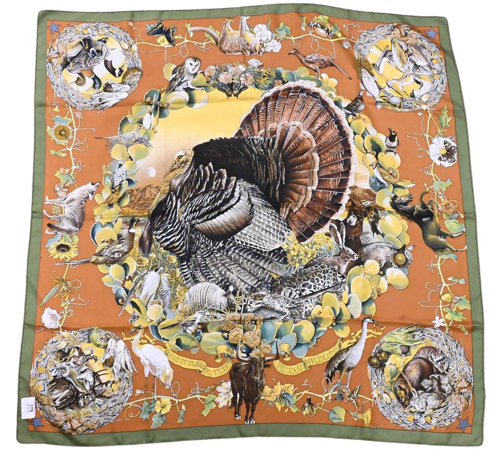 Hermes Paris "Faune Et Flore Du Texas" Silk Scarf, 34" x 34".: Hermes Paris "Faune Et Flore Du Texas" Silk Scarf, 34" x 34".