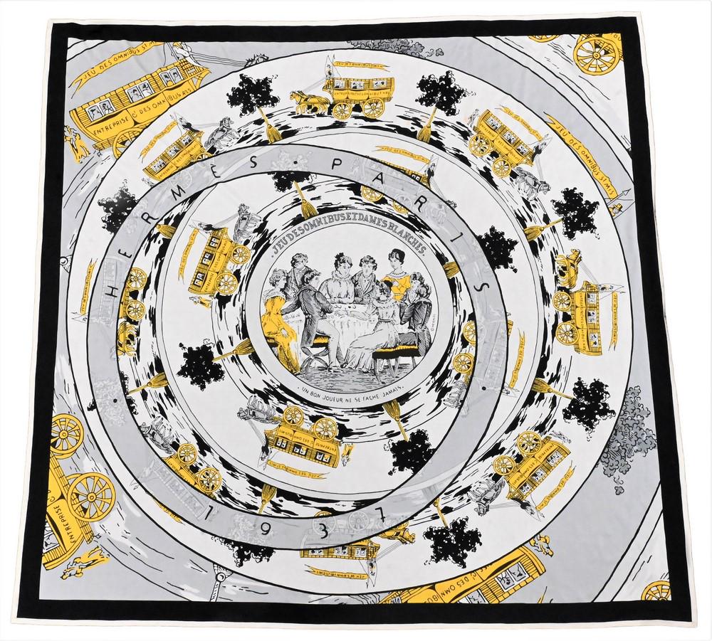 Hermes Paris "Jeu Des Omnibus Et Dames Blanches" Silk Scarf.: Hermes Paris "Jeu Des Omnibus Et Dames Blanches" Silk Scarf.