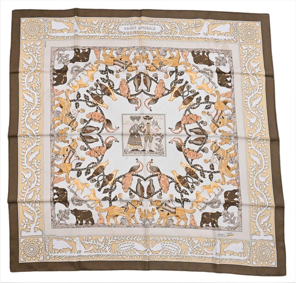 Hermes Paris "Early America" Silk Scarf, depicting George and Martha Washington, 35" x 35".: Hermes Paris "Early America" Silk Scarf, depicting George and Martha Washington, 35" x 35".