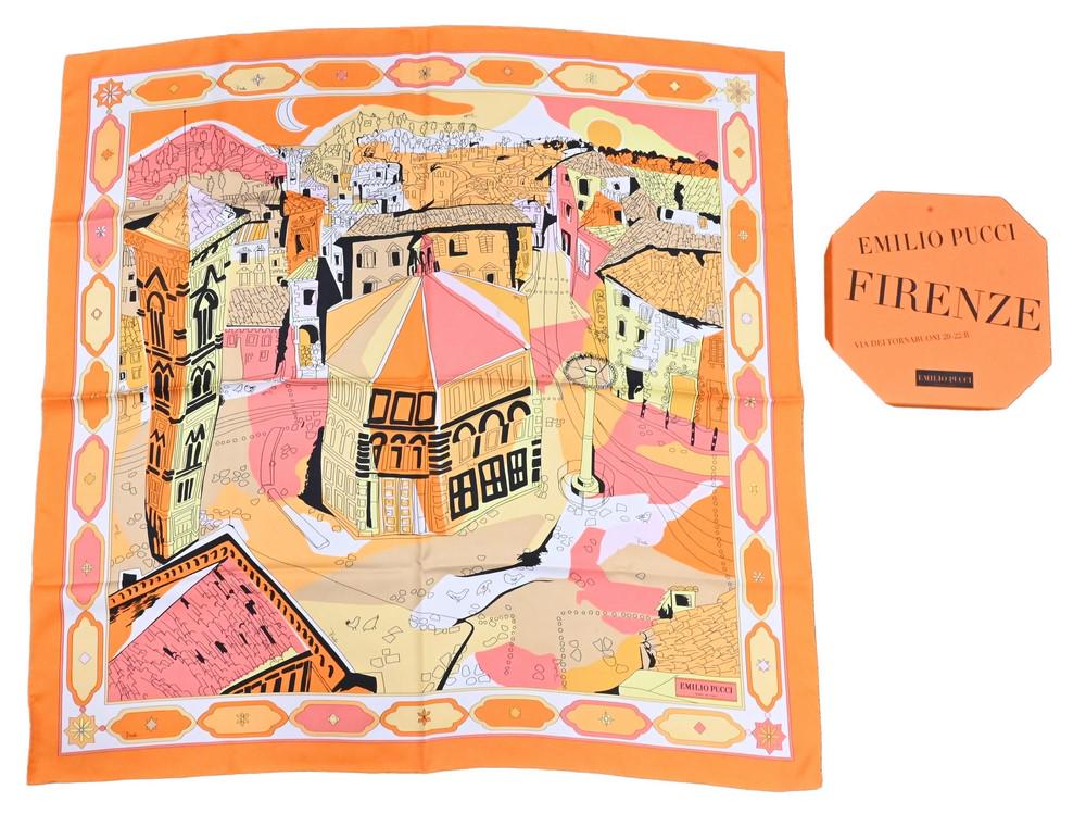 Emilio Pucci "Commessa" Silk Scarf, new in original box, along with price tag.: Emilio Pucci "Commessa" Silk Scarf, new in original box, along with price tag.