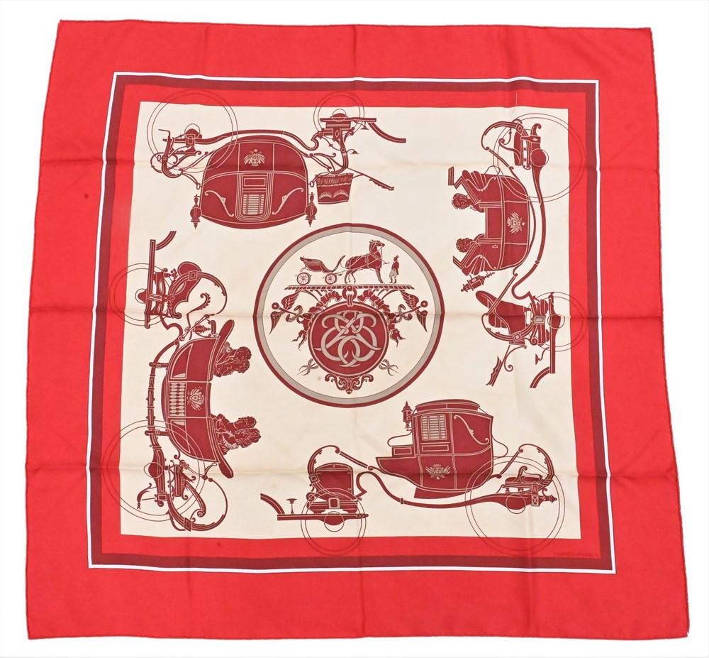 Hermes Silk Scarf, having red and off white carriages.: Hermes Silk Scarf, having red and off white carriages.
