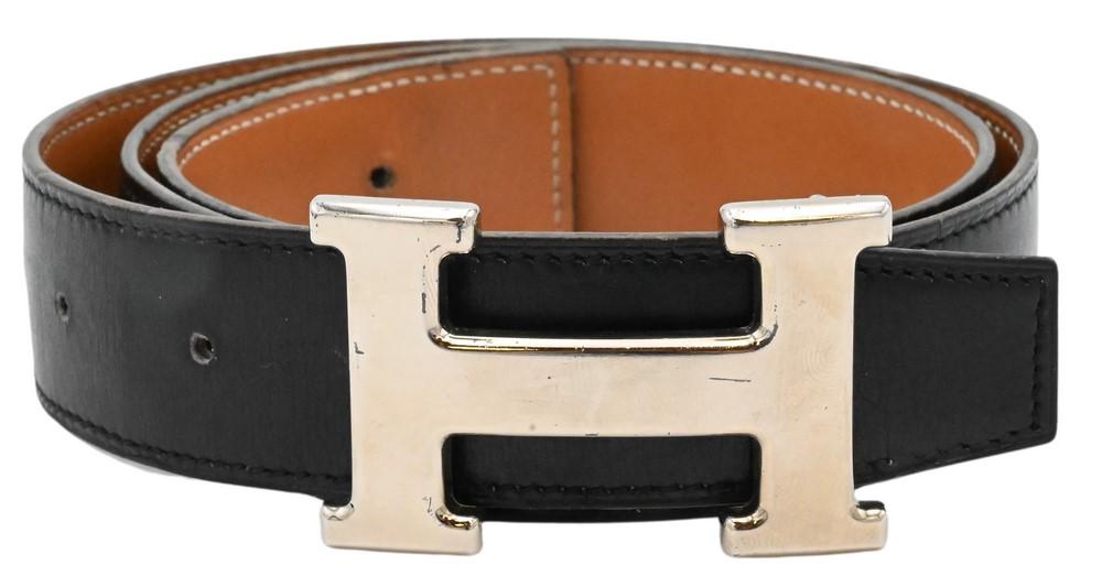 Hermes "H Buckle" Belt, having reversible leather strap and chrome buckle; along with original dust (1 of 3)