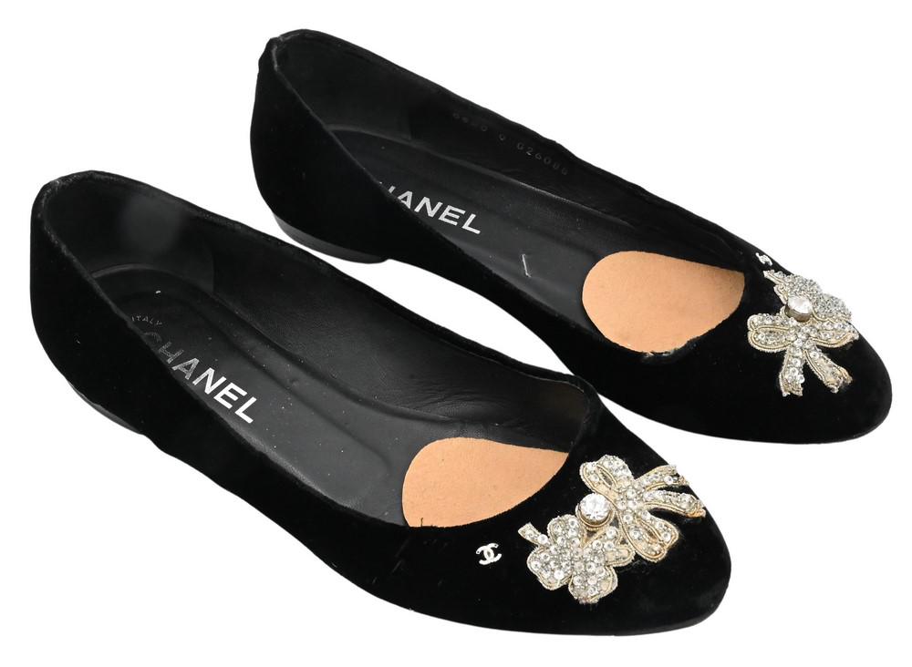 Pair of Velvet Chanel Flats, having rhinestone bow motifs, size 38 1/2. (1 of 5)