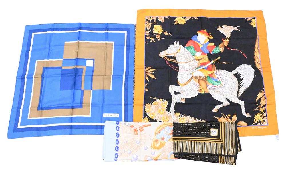 Group of Four Silk Scarves, to include Seaman Schepps, Christian Dior, Ivoire De Balmain, along with: Group of Four Silk Scarves, to include Seaman Schepps, Christian Dior, Ivoire De Balmain, along with Salvatore Ferragamo.