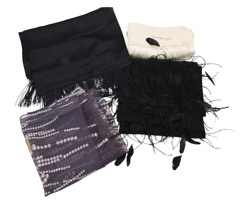 Four Silk Scarves, to include Bottega Veneta, peacock feather, Giorgio Armani, along with Les Must: Four Silk Scarves, to include Bottega Veneta, peacock feather, Giorgio Armani, along with Les Must de Cartier.