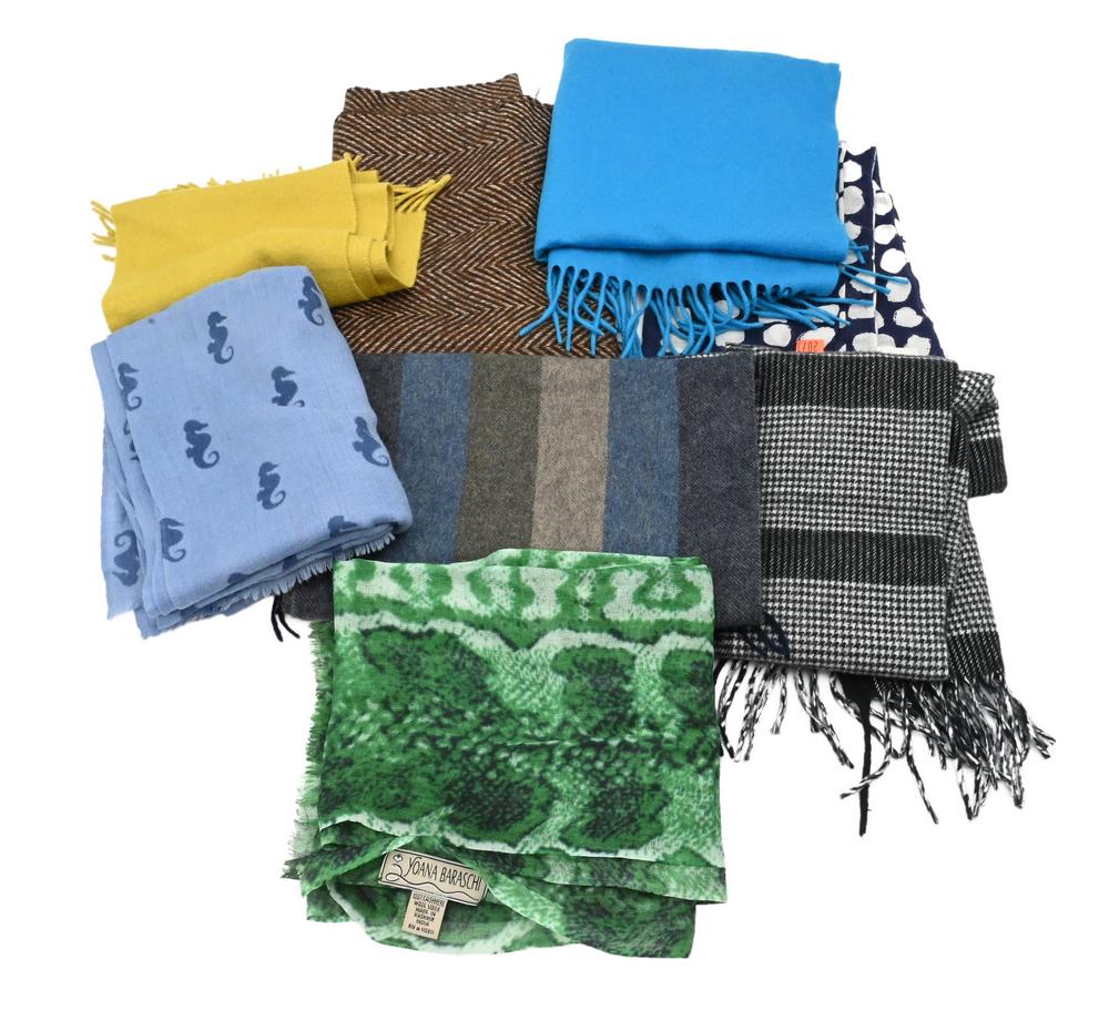 Group of Eight Cashmere Scarves, to include Club Room, two Scotland, Yoana Baraschi, Julie: Group of Eight Cashmere Scarves, to include Club Room, two Scotland, Yoana Baraschi, Julie Collection, along with Scotch House.