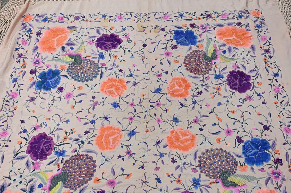Chinese Silk Embroidered Piano Shawl, having embroidered peacocks and colorful flowers on pink: Chinese Silk Embroidered Piano Shawl, having embroidered peacocks and colorful flowers on pink ground, approximately 5' x 5'.