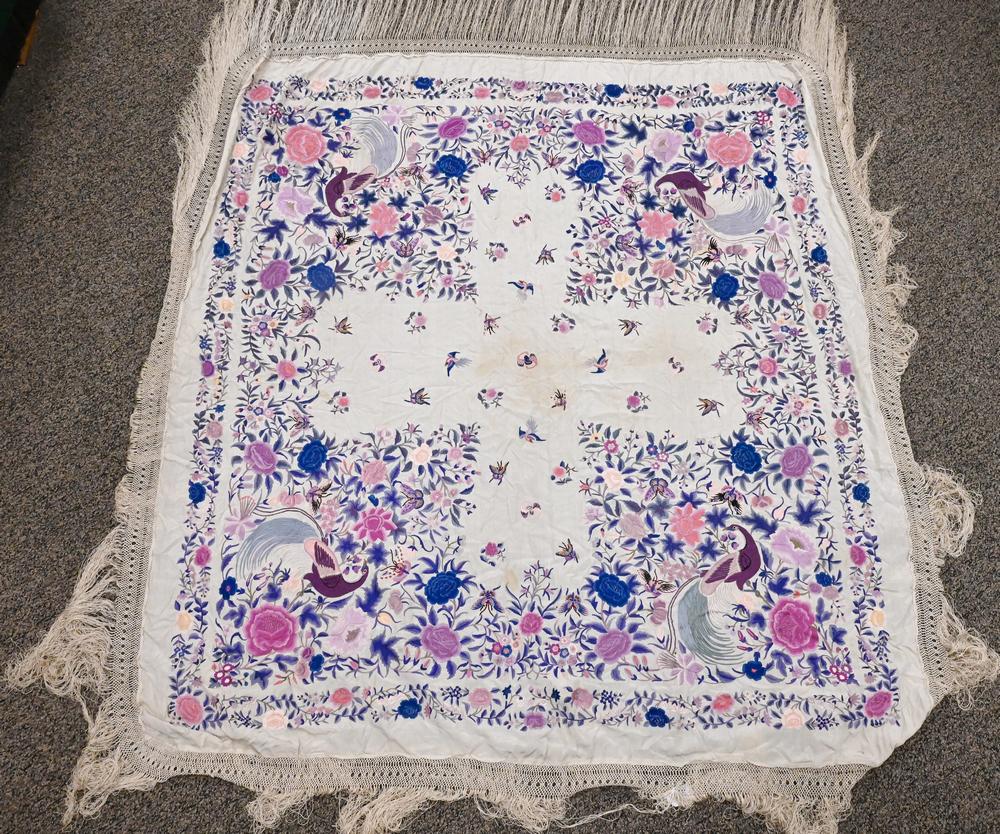 Chinese Silk Embroidered Piano Shawl, having birds, butterflies, and bats, approximately 5' 2" x 6': Chinese Silk Embroidered Piano Shawl, having birds, butterflies, and bats, approximately 5' 2" x 6' 3".