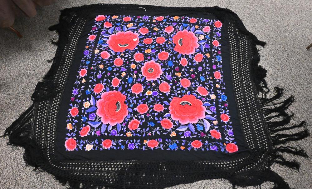Silk Piano Shawl, having heavy embroidered large flowers.: Silk Piano Shawl, having heavy embroidered large flowers.