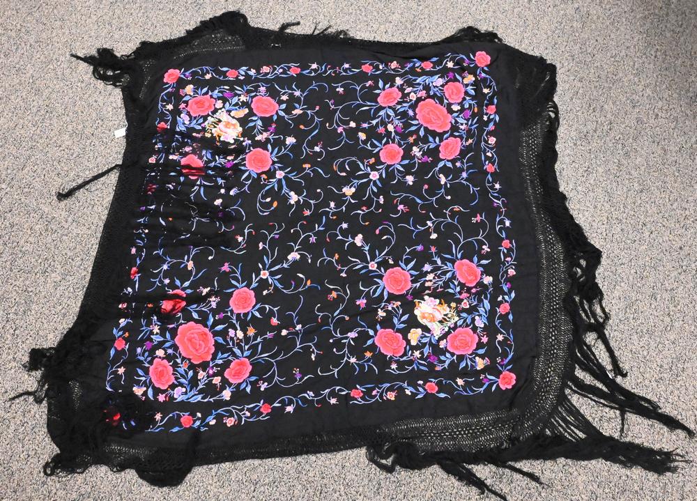 Silk Embroidered Shawl, having flowers and highly colored figures.: Silk Embroidered Shawl, having flowers and highly colored figures.