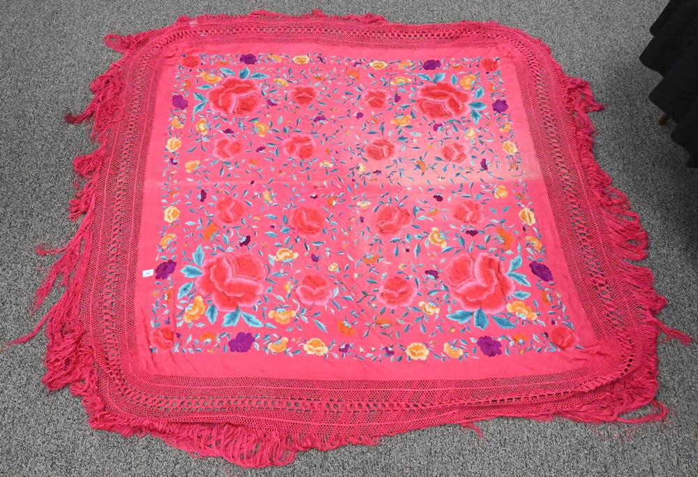 Silk Embroidered Piano Shawl, having colored flowers, largest 5' 5" x 5' 9".: Silk Embroidered Piano Shawl, having colored flowers, largest 5' 5" x 5' 9".