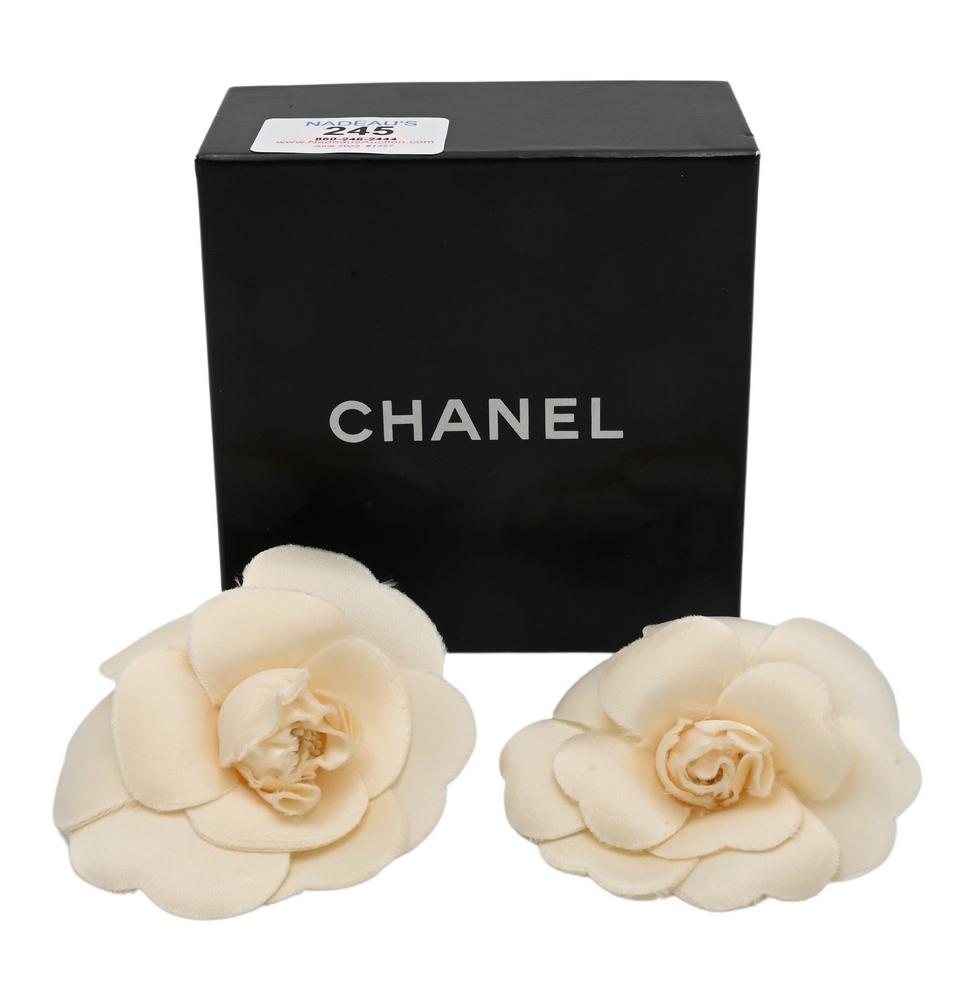 Two Chanel Silk Flower Pins, in original box.: Two Chanel Silk Flower Pins, in original box.