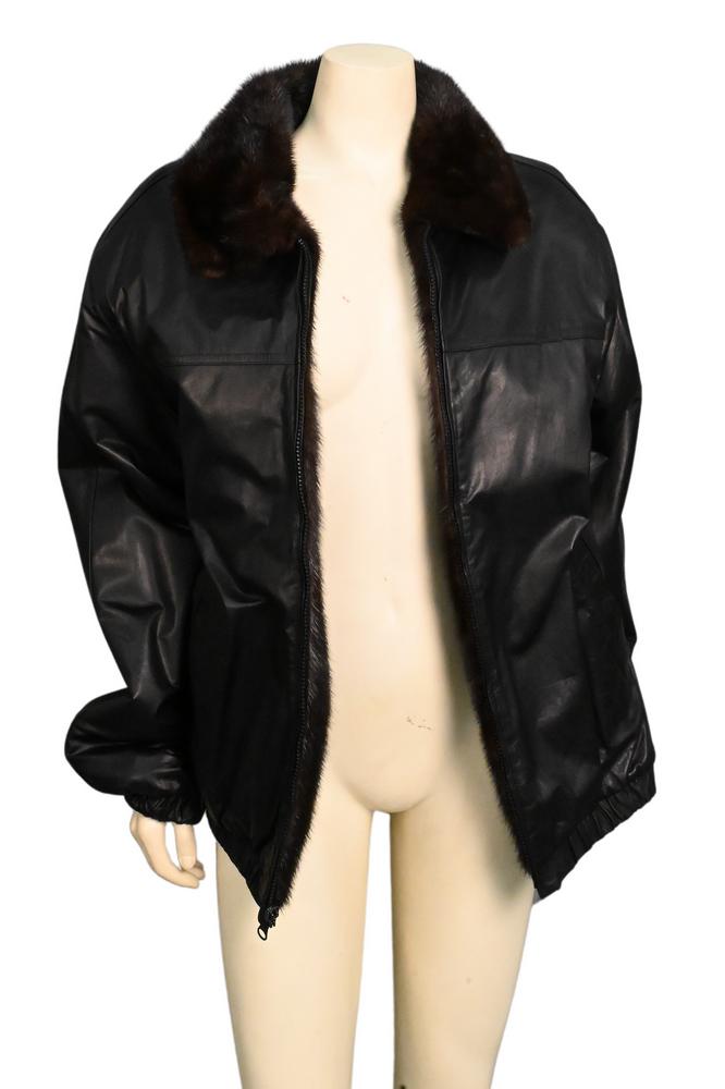 Unisex Mahogany Mink Jacket, reversible to dark brown leather, having double fur collar,: Unisex Mahogany Mink Jacket, reversible to dark brown leather, having double fur collar, original purchase price $4,000, total length 30 inches.