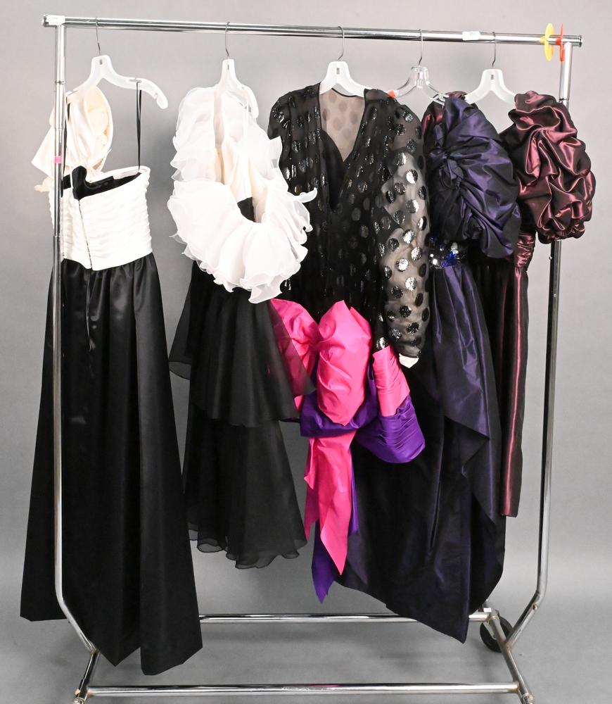 Six Vintage Women's Dresses/Gowns, to include a Eugene Alexander dress, size 10; a Diane Dickinson d: Six Vintage Women's Dresses/Gowns, to include a Eugene Alexander dress, size 10; a Diane Dickinson dress, size 10; two dresses having sequins, both size 12; a skirt, along with a black and white dress