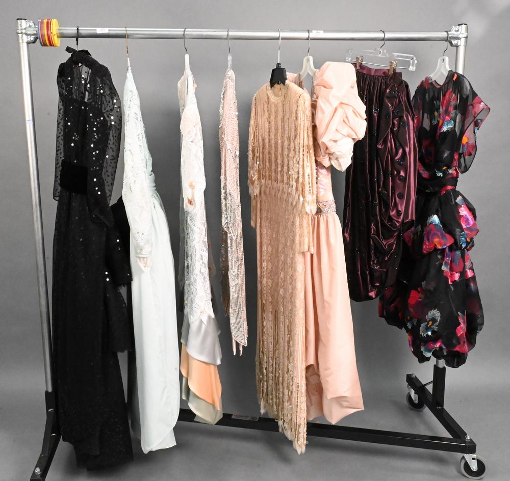 Seven Piece Women's Vintage Couture Lot, to include a Megere sequin dress, size small; two Rina Di M: Seven Piece Women's Vintage Couture Lot, to include a Megere sequin dress, size small; two Rina Di Montella lace dresses, size 8; Richillene custom gown; John Anthony custom gown; Carol Pertz lace dre