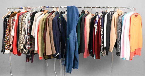 Two Racks of Vintage Women's Clothing, to include sweaters, blazers, and blouses from Brooks: Two Racks of Vintage Women's Clothing, to include sweaters, blazers, and blouses from Brooks Brothers, Rewe, Jean-Louis Scherrer, Saint Laurent, Apostrophe, Nina Ricci, St. John, etc.