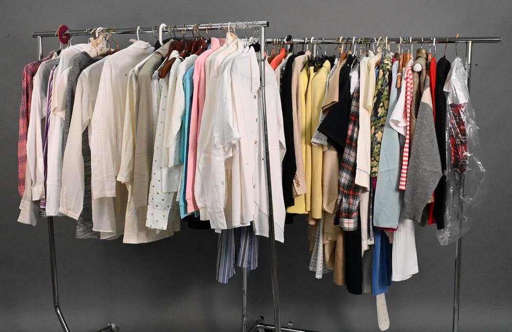 Two Racks of Vintage Women's Clothing, to include blouses, blazers, skirts; along with sweaters from (1 of 6)
