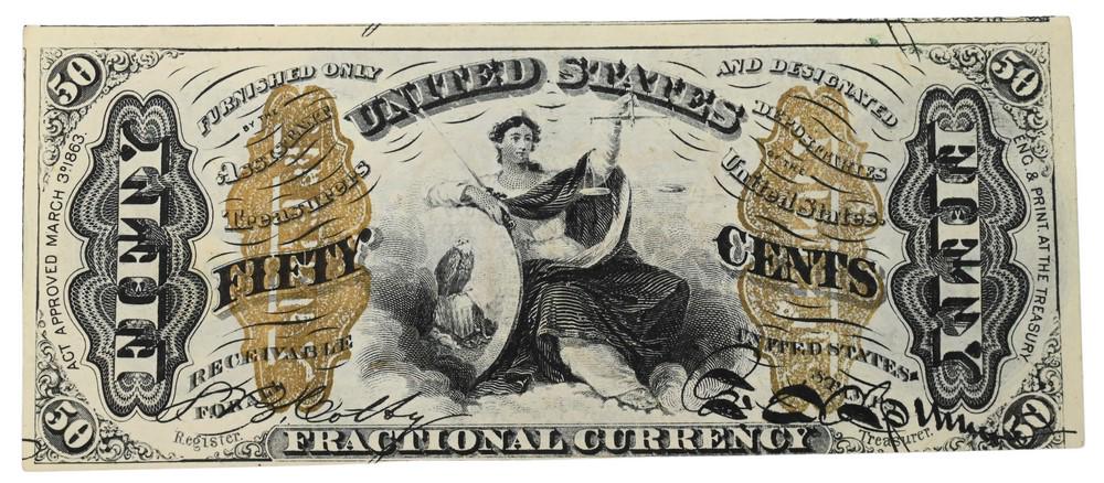 One Third Issue 50 Cent Fractional Currency, 1863 paper bank note, in very good condition. (1 of 2)