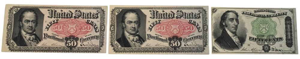 Three 50 Cent Fractional Currency, to include paper bank note, fourth issue Samuel Dexter Secretary (1 of 7)