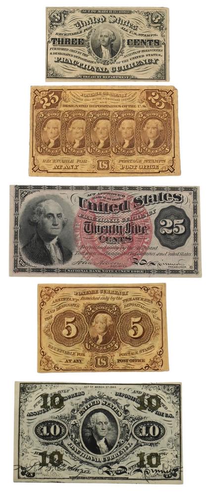 Group of 5 Washington Fractional Currency, to include postage stamp bank notes, 3 cents, 5 cent, 2 (1 of 8)