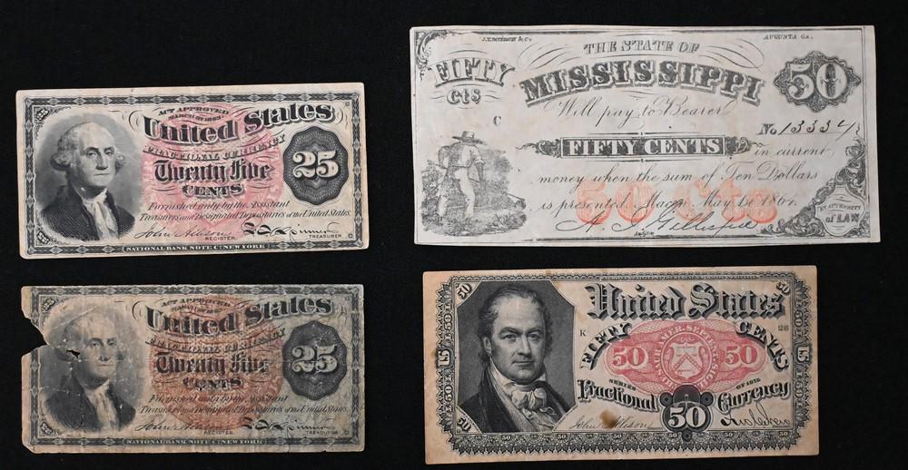 Group of Four Small Bank Notes, to include two 25 cent fractional currency 1863 bank notes; one 50 (1 of 4)