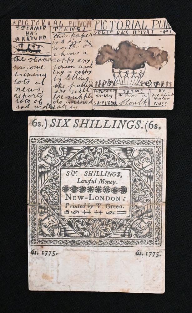 Two Piece Group, to include an 1847 Pictorial Punch hand written and drawn card having pictures with (1 of 5)