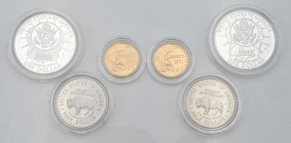 Six Piece Coin Lot, to include two proof 5 dollar gold coins, along with six 1991 Mount Rushmore (1 of 2)