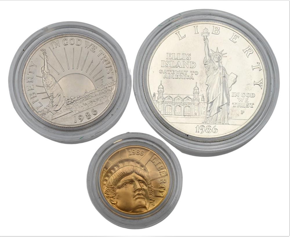 Three Piece 1986 Uncirculated Statue of Liberty Set, to include five dollar gold, one copper nickel (1 of 2)