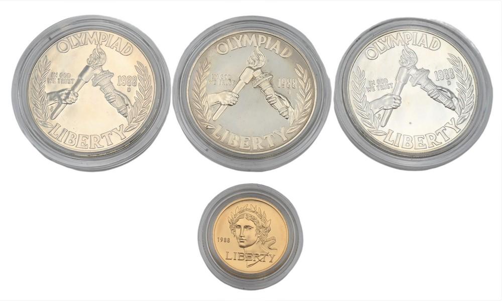 Four Piece 1988 Olympic Set, to include two uncirculated dollars, one proof dollar, along with one (1 of 2)