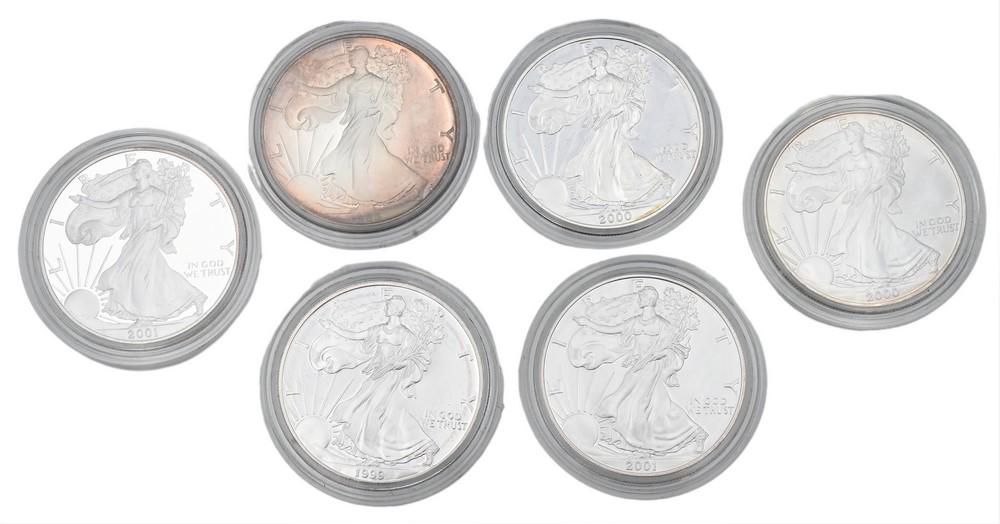 Six Silver Eagles, to include 1999 one dollar American Eagle proofs, 2000 one dollar proofs American (1 of 2)