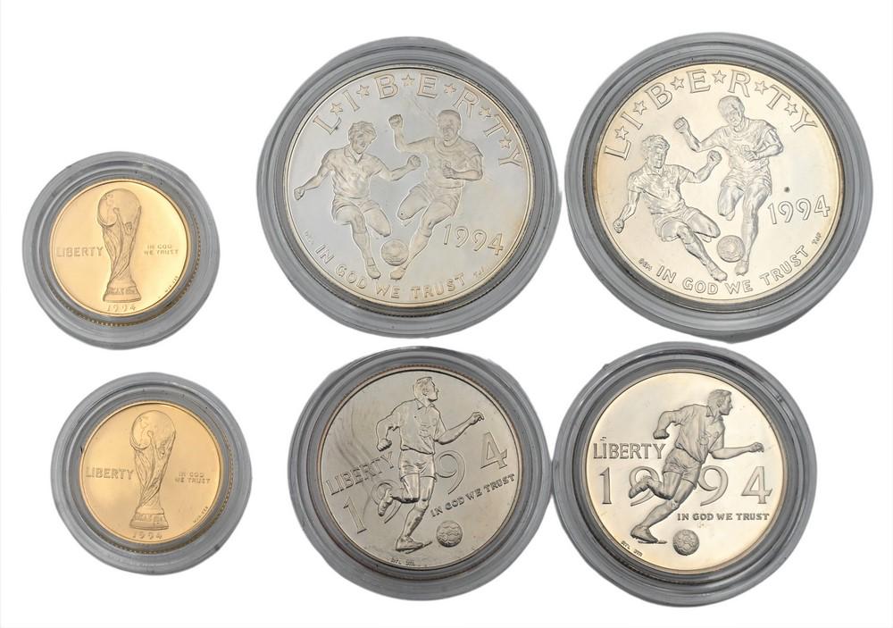 Six Piece Coin Lot, to include two 5 dollar gold, along with four 1994 coins Soccer, 1 three piece (1 of 2)