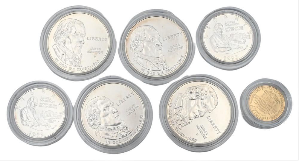 Seven Piece Coin Lot, to include one 5 dollar gold uncirculated, along with four 1993 Madison silver (1 of 2)