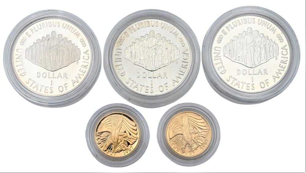 Five Piece 1987 Constitution Set, to include two 5 dollar uncirculated and proof gold, two (1 of 2)