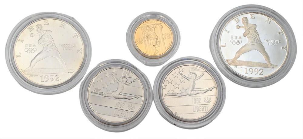 Five Piece Coin Lot, to include one uncirculated 5 dollar gold, along with four Olympic coins, to (1 of 2)