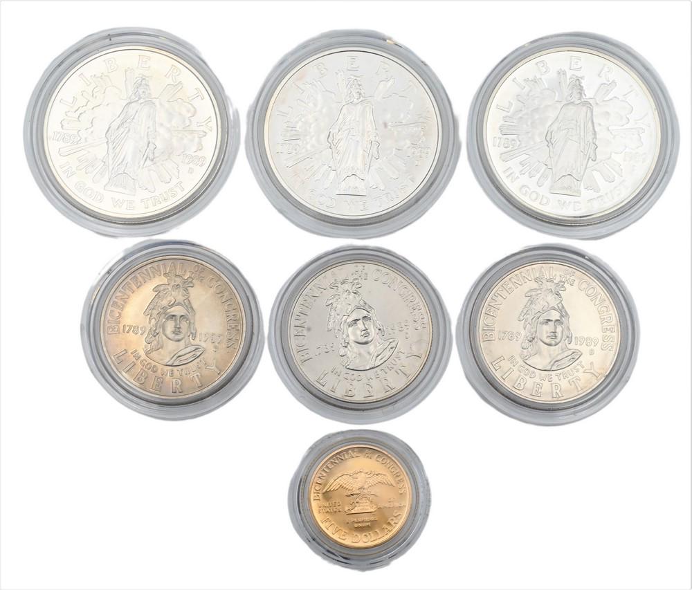 Lot of 7 Coins, congressional set to include 2 uncirculated copper nickel half dollars, 1 proof (1 of 2)