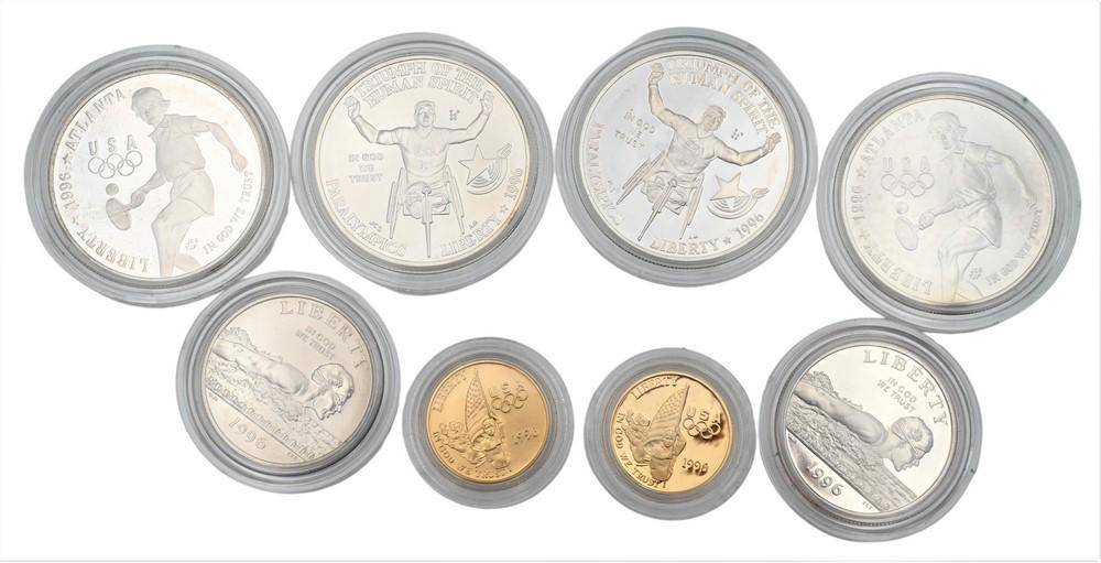 Eight Piece Coin Lot, to include two 5 dollar gold, one uncirculated and one proof, along with four (1 of 2)