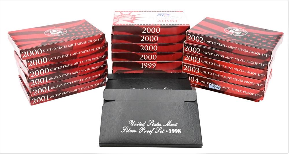 22 Silver Sets, to include four 1998 US silver proof sets (black); two 1999 US silver proof sets (1 of 3)