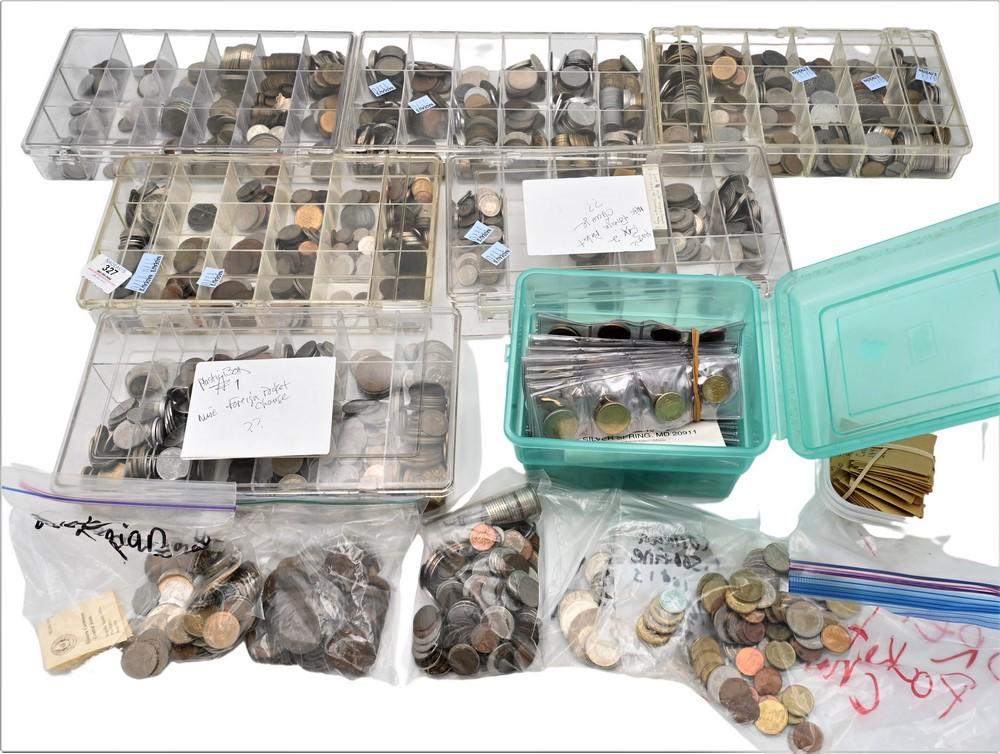 Seven Containers of Various Foreign Coins, including one container of euros, along with four bags. (1 of 7)