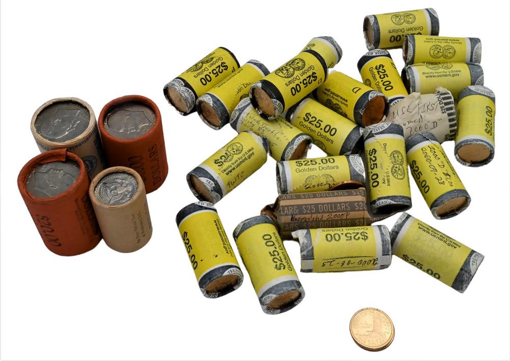 Large Lot of Coins, to include 22 uncirculated rolls of Sacagawea $1 coins, $550 face value; 3 rolls (1 of 4)